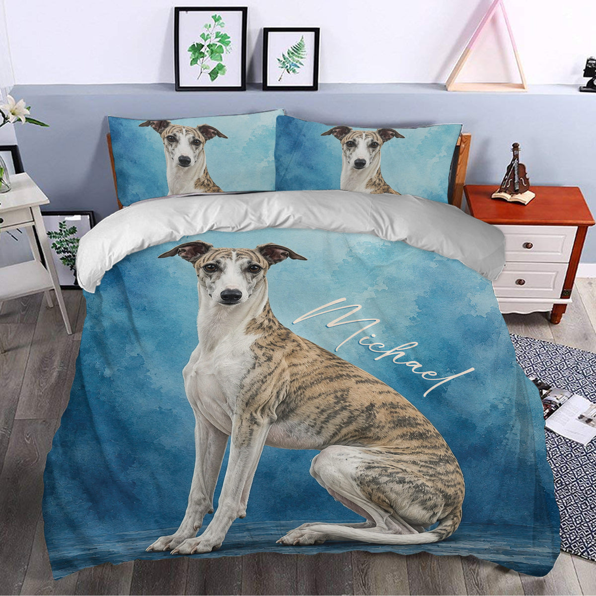 Whippet duvet cover set styled in a modern bedroom with blue watercolor dog artwork