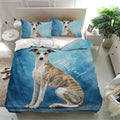 Whippet bedding set presented in a bright bedroom with matching blue dog artwork