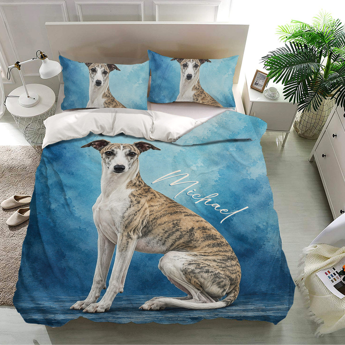 Whippet bedding set presented in a bright bedroom with matching blue dog artwork