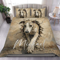 Whippet duvet cover set displayed on a bed with a realistic dog portrait, cracked stone artwork, and warm neutral tones