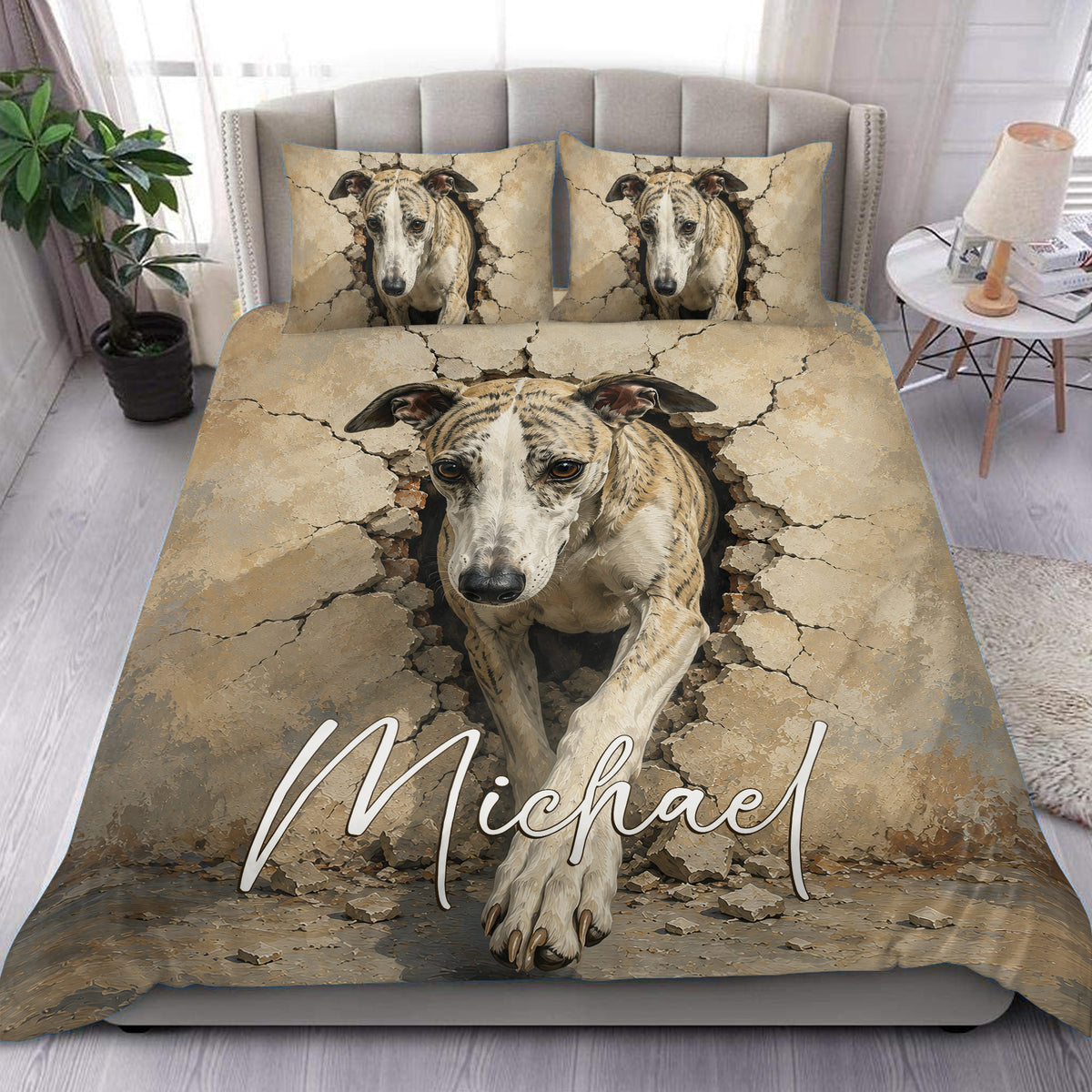 Whippet duvet cover set displayed on a bed with a realistic dog portrait, cracked stone artwork, and warm neutral tones