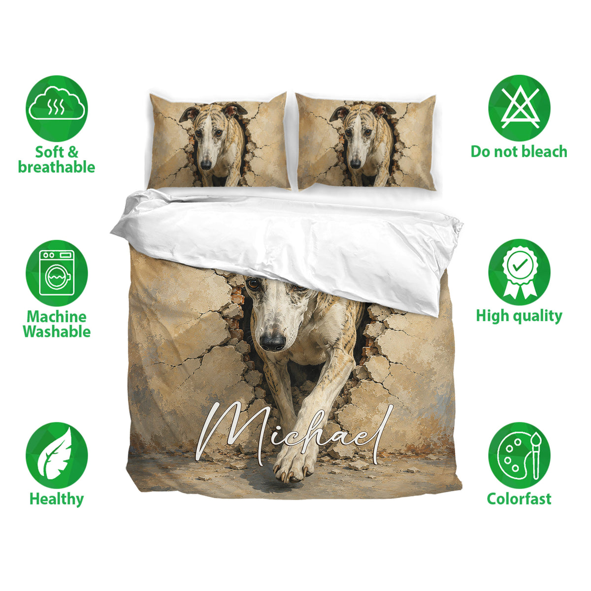 Whippet bedding set shown with matching pillowcases and realistic dog artwork in beige and brown tones