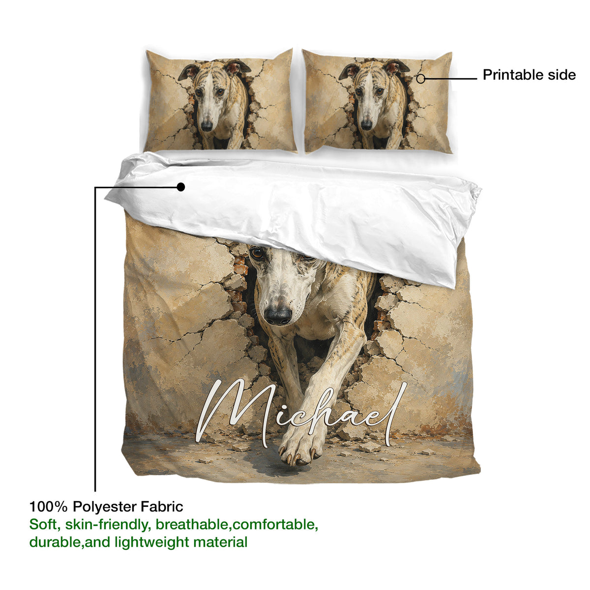Whippet duvet cover and pillowcases shown with printable artwork and soft polyester fabric details