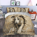 Whippet duvet cover styled in a modern bedroom with matching dog portrait pillowcases and rustic cracked-wall artwork
