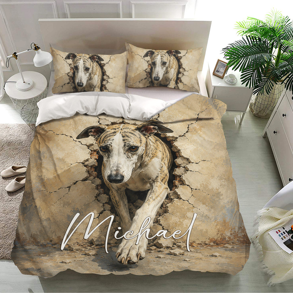Whippet bedding set presented in a bright bedroom with realistic dog artwork across the duvet cover and pillowcases