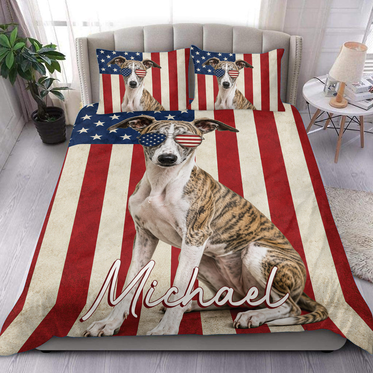 Whippet duvet cover set with patriotic red, white and blue stripes and star details in a bedroom
