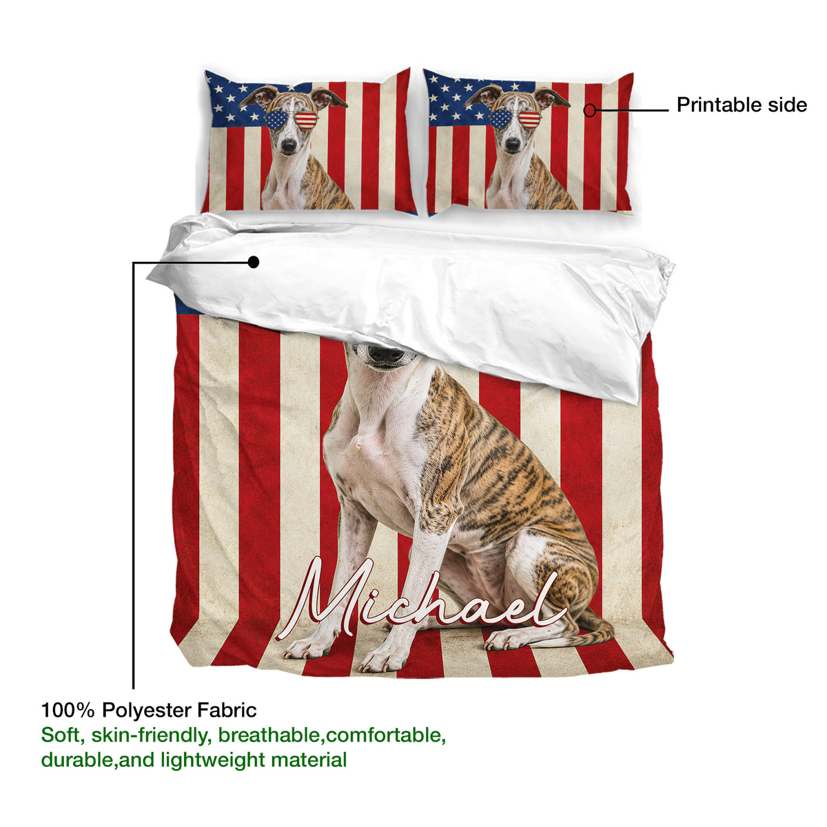 Whippet duvet cover bedding set showing the printed side, polyester fabric, and matching pillowcases