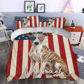 Patriotic whippet duvet cover styled on a bedroom bed with matching pillowcases and flag-inspired stripes