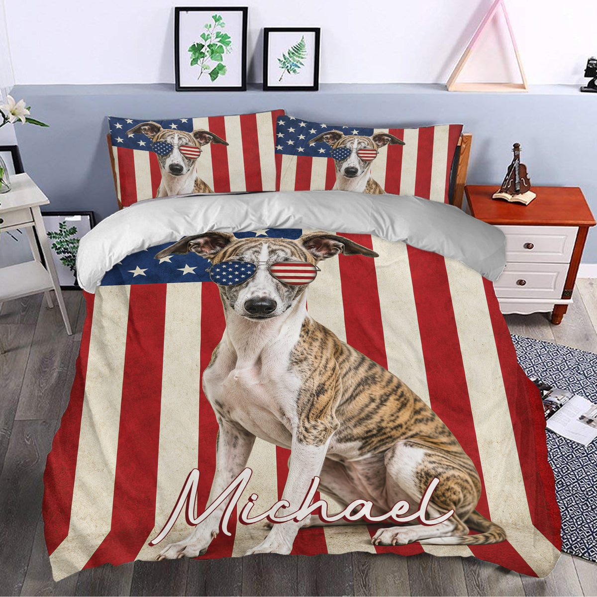Patriotic whippet duvet cover styled on a bedroom bed with matching pillowcases and flag-inspired stripes