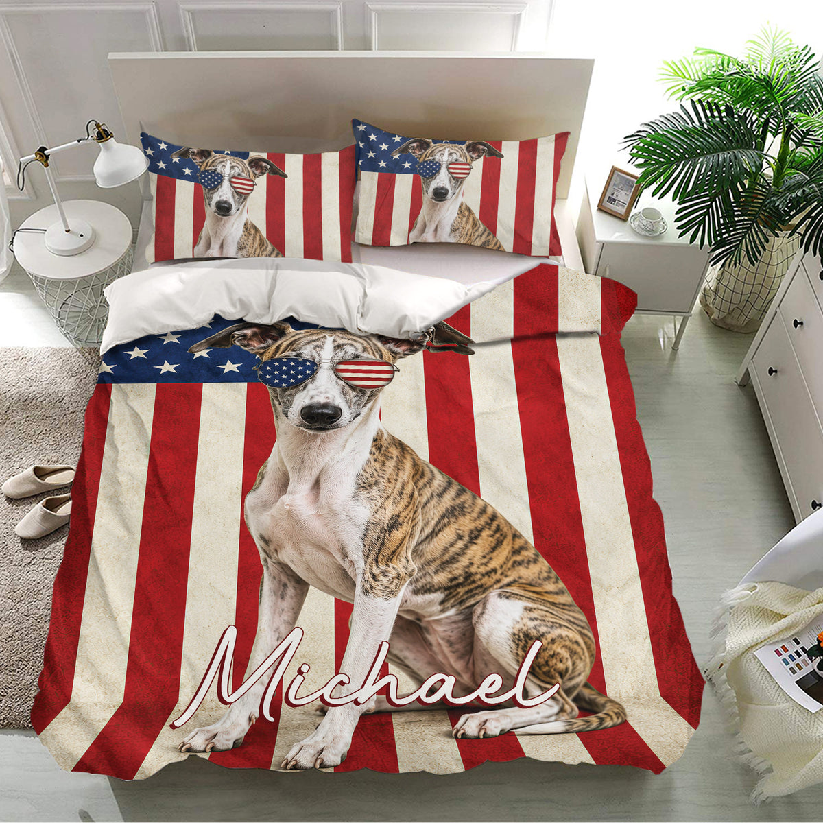 Whippet bedding set displayed in a bright bedroom with red, white and blue patriotic artwork