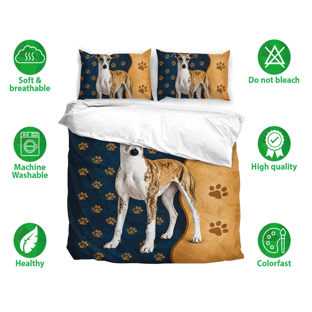 Whippet bedding set shown with matching pillowcases and soft breathable fabric icons