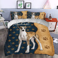 Whippet duvet cover styled in a modern bedroom with navy, tan, and paw print details