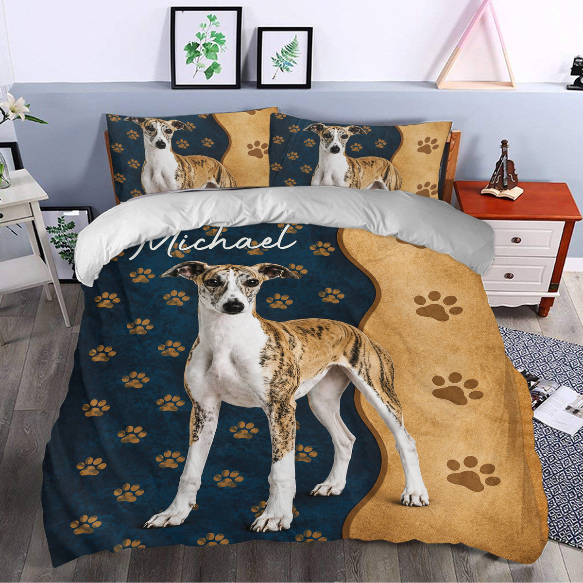Whippet duvet cover styled in a modern bedroom with navy, tan, and paw print details
