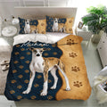 Whippet bedding set presented in a bright bedroom with matching dog-themed pillowcases