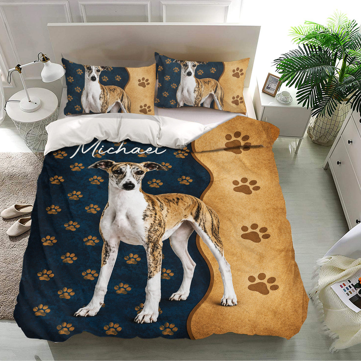 Whippet bedding set presented in a bright bedroom with matching dog-themed pillowcases