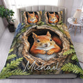 Squirrel duvet cover bedding set displayed on a bedroom bed with woodland tree bark and leafy details