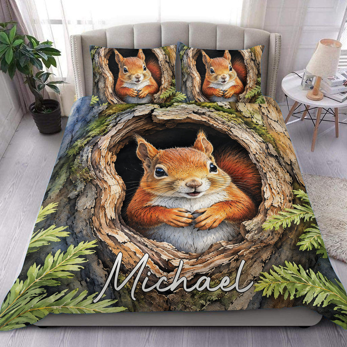 Squirrel duvet cover bedding set displayed on a bedroom bed with woodland tree bark and leafy details