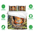 Squirrel bedding set shown with matching pillowcases and bold woodland artwork in orange, brown, green, and black