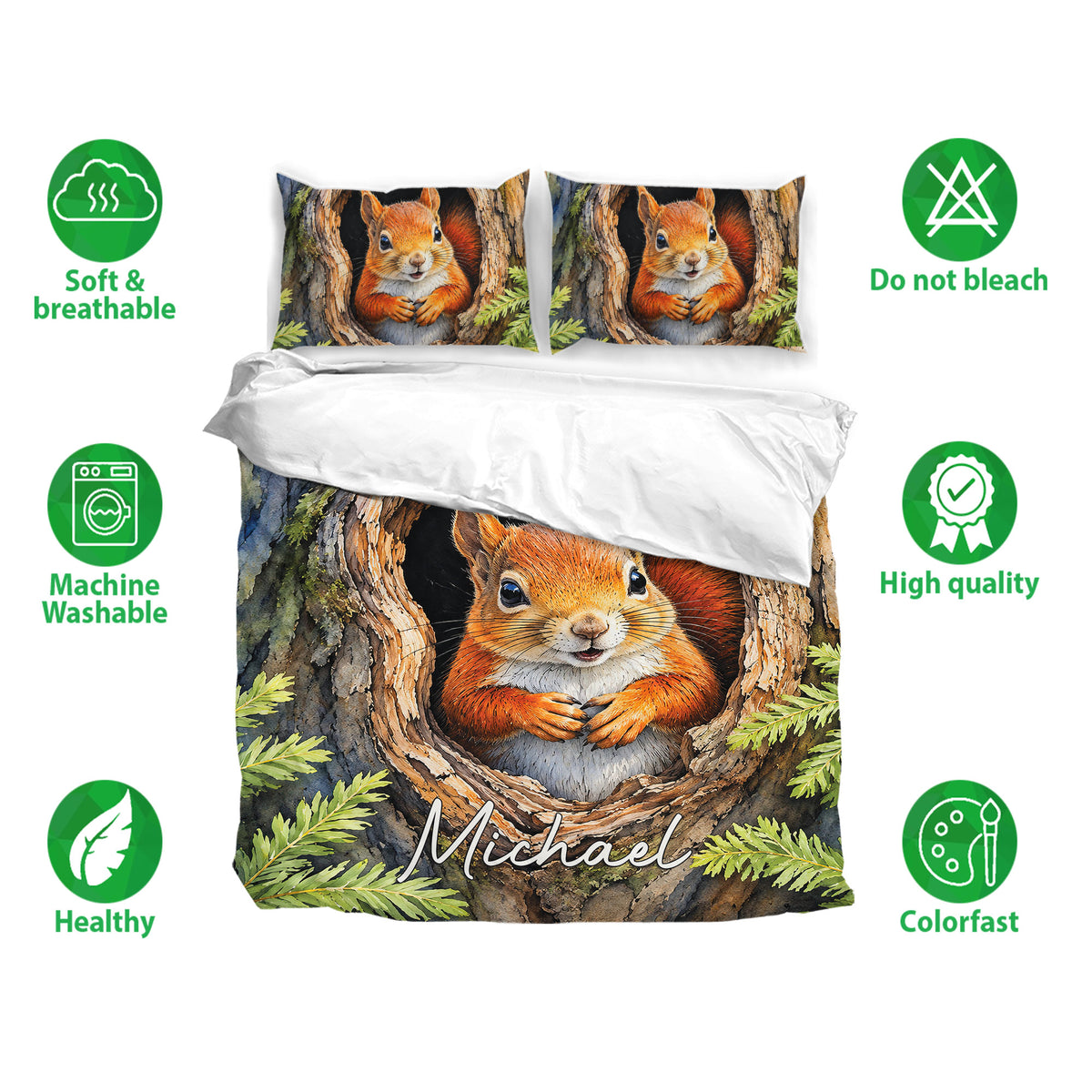 Squirrel bedding set shown with matching pillowcases and bold woodland artwork in orange, brown, green, and black