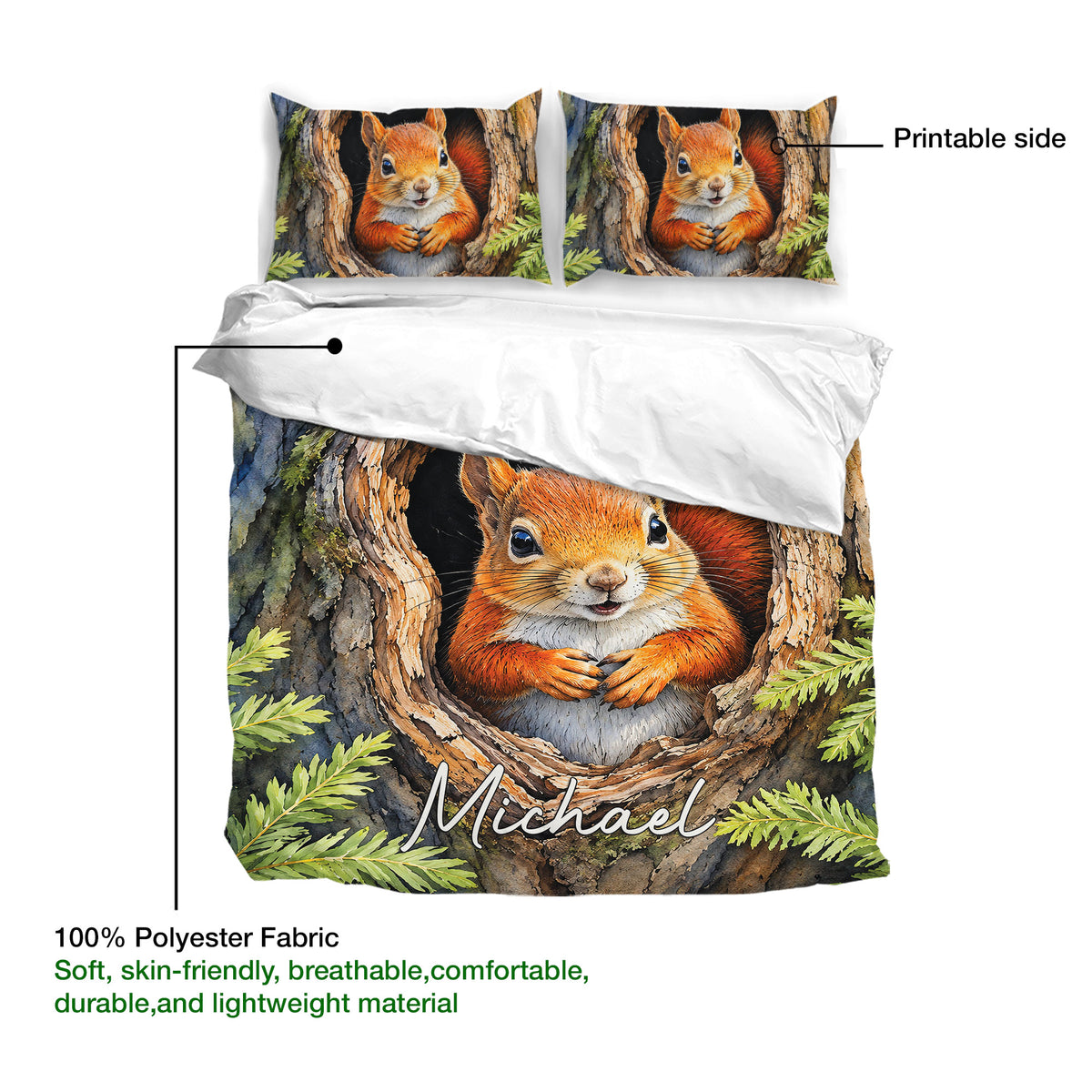 Squirrel duvet cover close-up showing the printable front, soft fabric details, and woodland artwork