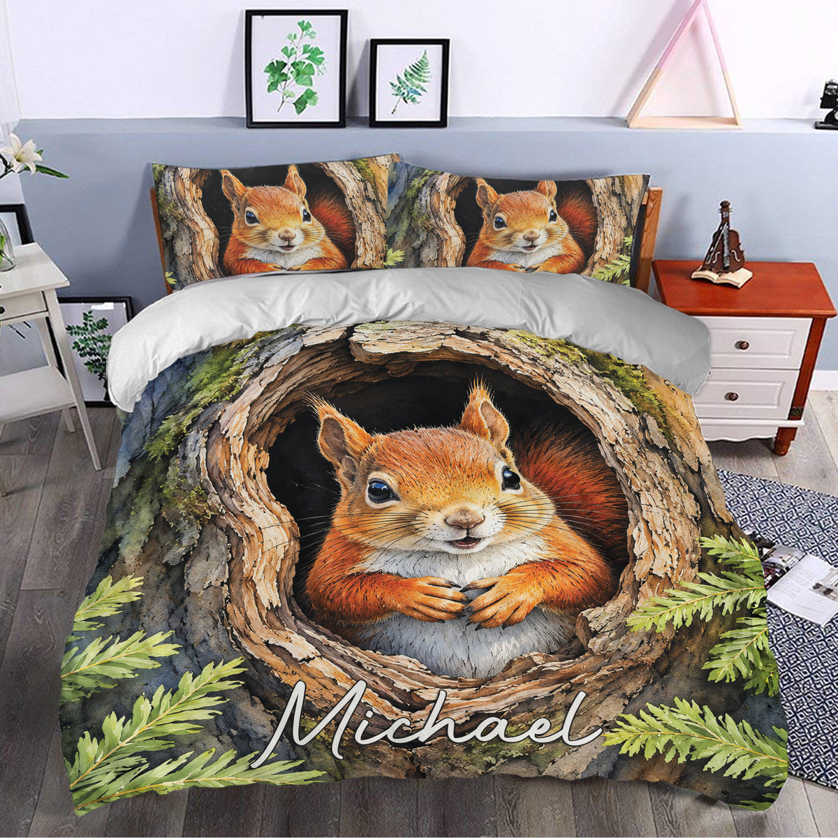 Squirrel duvet cover set styled in a modern bedroom with matching woodland pillowcases and leafy accents