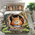 Squirrel bedding set presented in a bright bedroom with a large red squirrel and forest-inspired tree design