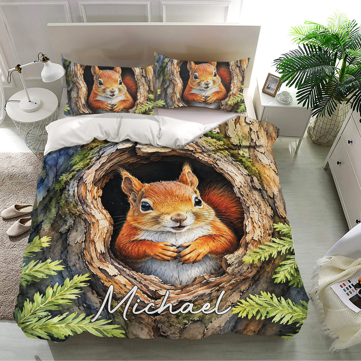 Squirrel bedding set presented in a bright bedroom with a large red squirrel and forest-inspired tree design