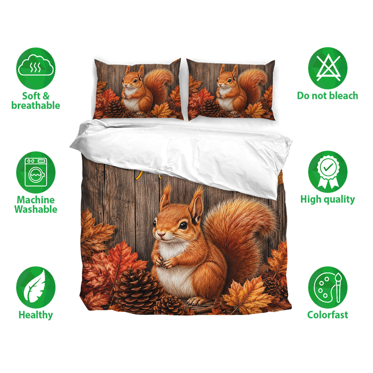 Squirrel bedding set shown with matching pillowcases and soft breathable fabric feature icons