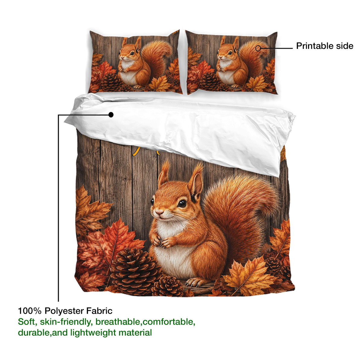 Squirrel duvet cover bedding set with printable artwork and soft lightweight polyester fabric details