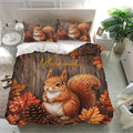 Squirrel bedding set presented in a bright bedroom with matching pillowcases and autumn woodland design