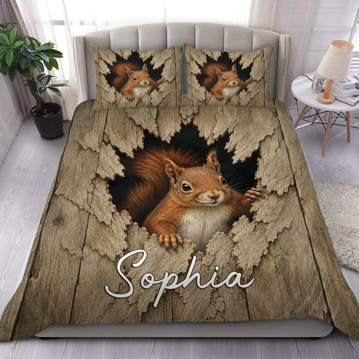 Squirrel duvet cover set displayed on a bed with a realistic woodland bark design and warm brown tones