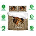 Squirrel duvet cover bedding set shown with coordinating pillowcases and soft, breathable fabric feature icons