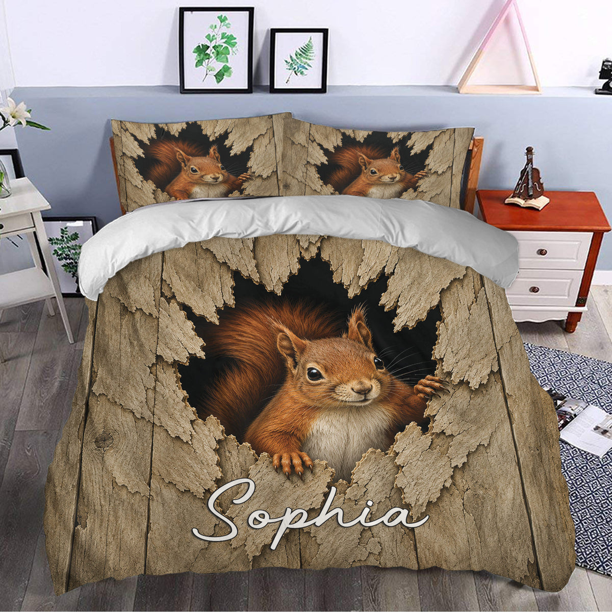 Squirrel duvet cover set styled in a bedroom with a large woodland squirrel design and rustic bark texture