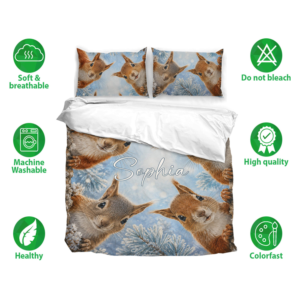 Squirrel duvet cover bedding set shown with matching pillowcases and soft, breathable fabric details
