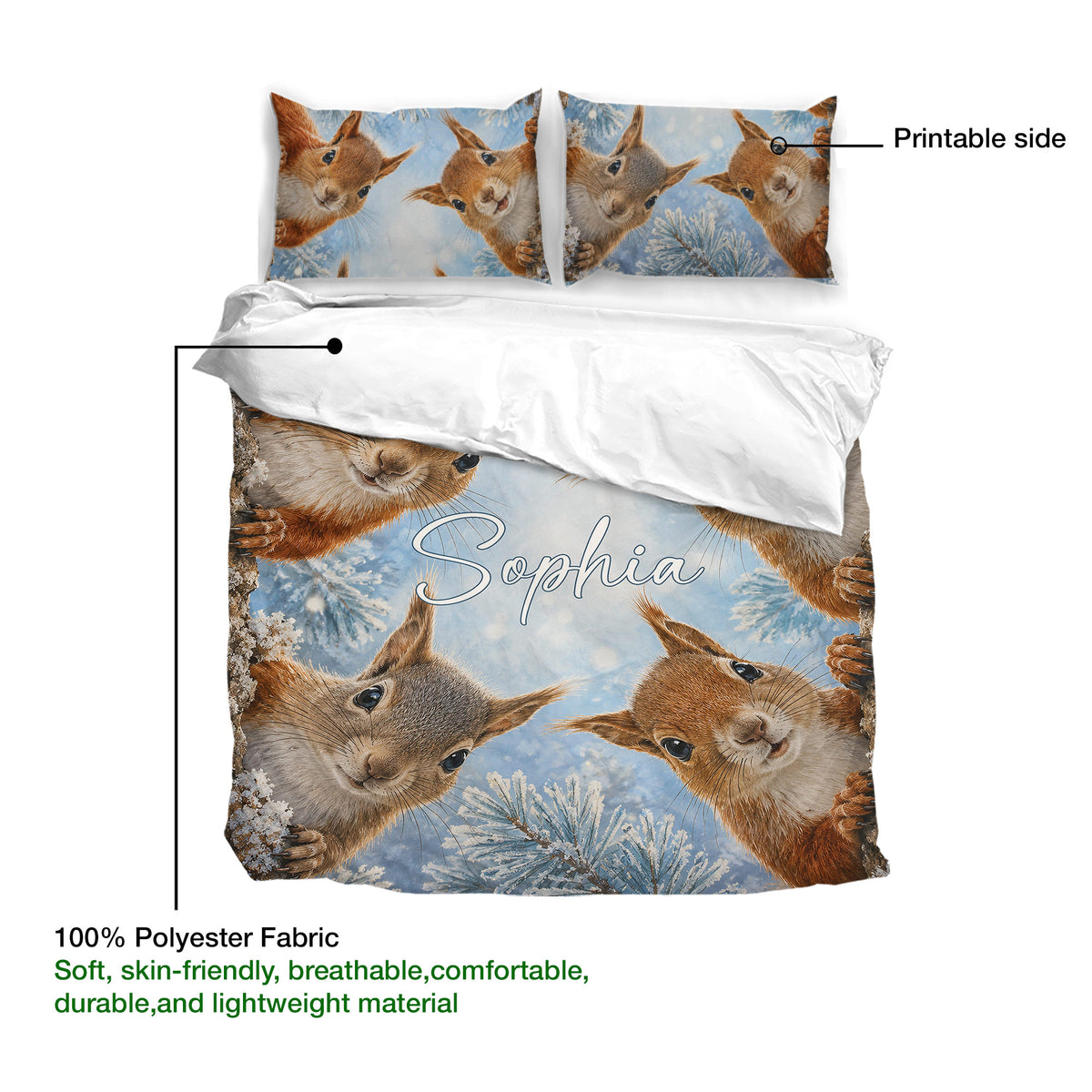 Squirrel duvet cover set product view showing printable artwork and soft polyester fabric detail