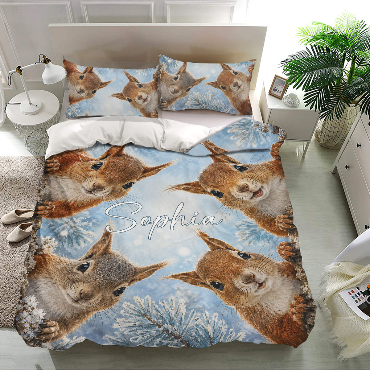Squirrel bedding set displayed in a bright bedroom with matching pillowcases and woodland artwork