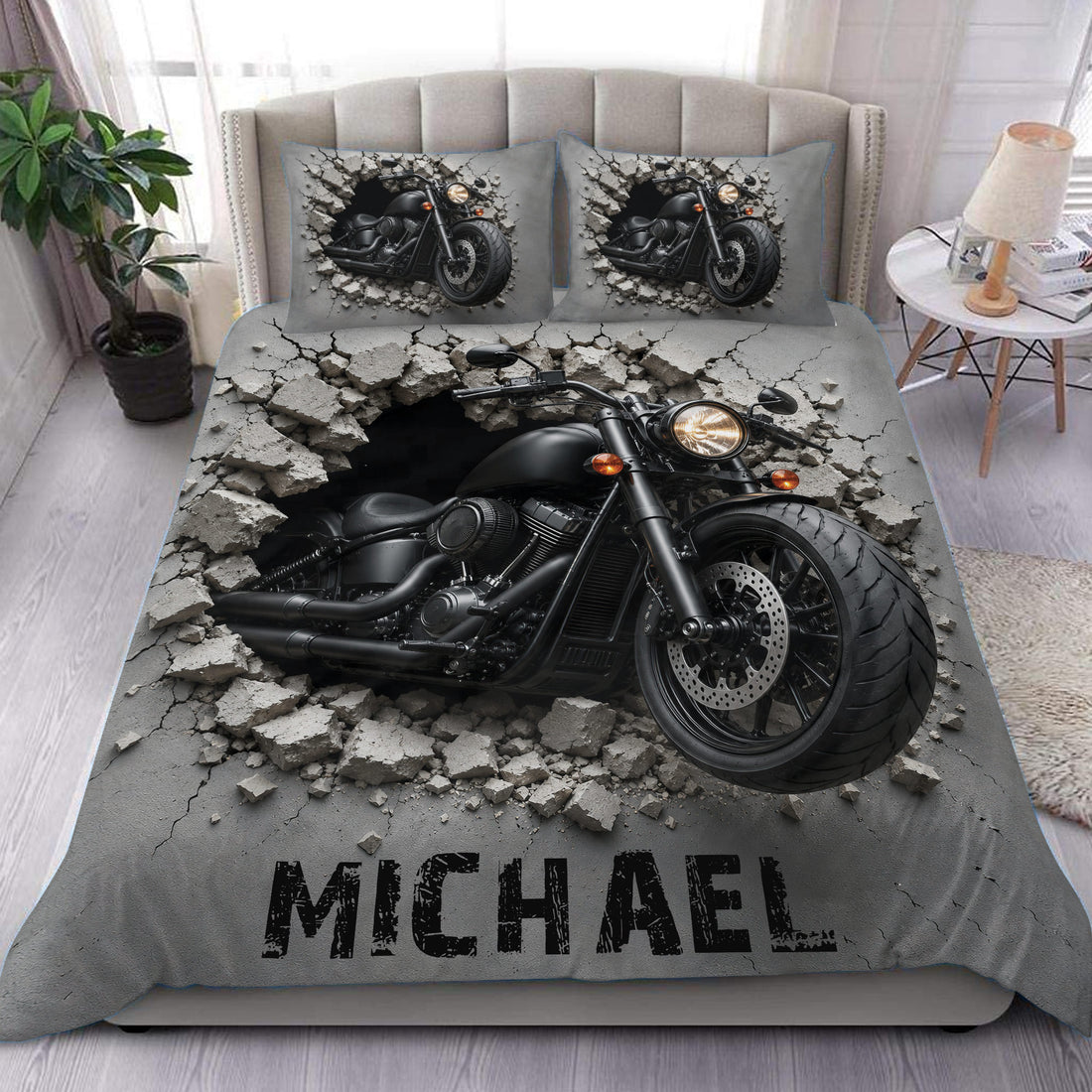 Biker duvet cover set displayed on a bed with a black motorcycle breaking through cracked concrete