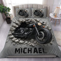 Biker duvet cover set displayed on a bed with a black motorcycle breaking through cracked concrete