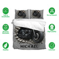 Biker bedding set with black motorcycle artwork, gray cracked concrete design, and matching pillowcases