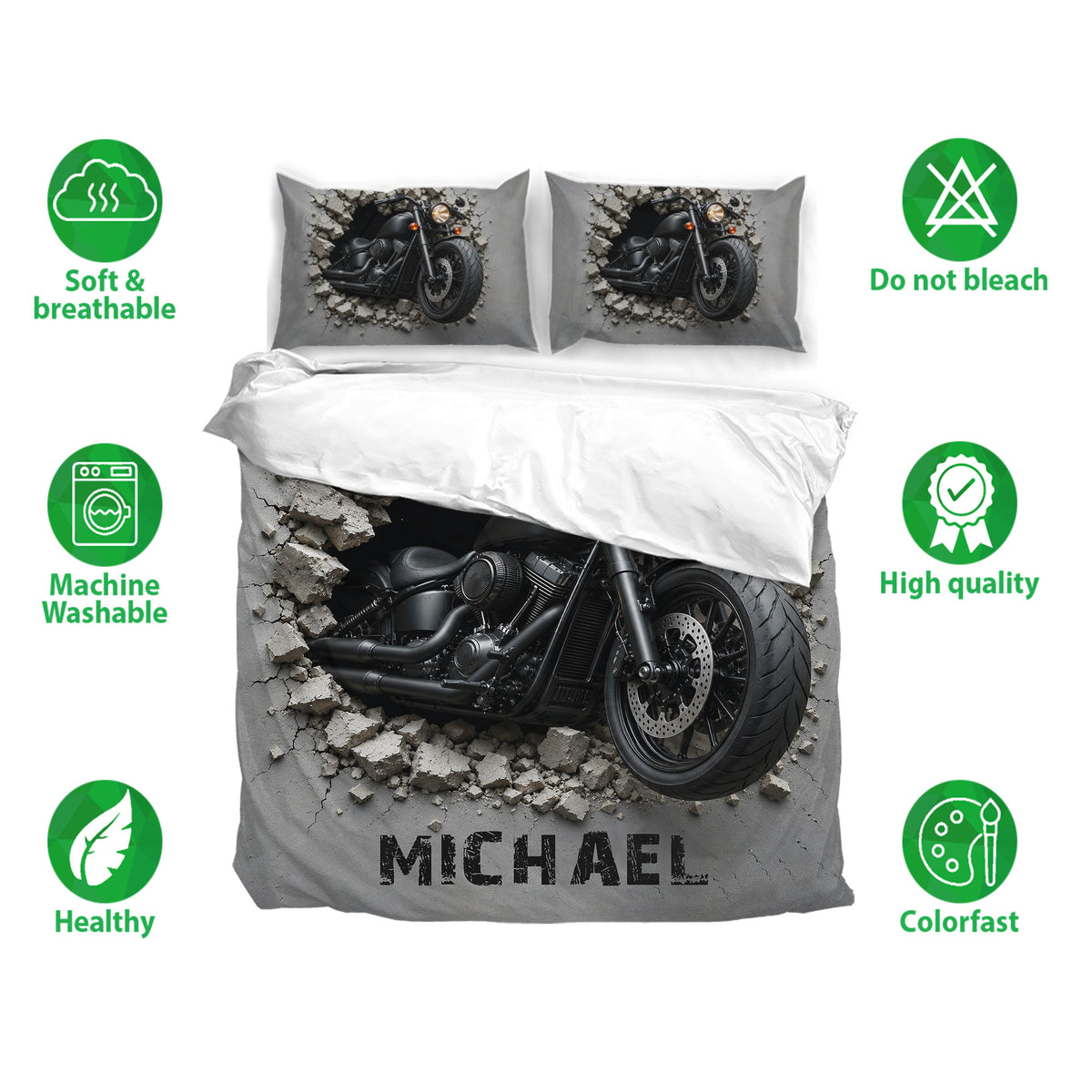 Biker bedding set with black motorcycle artwork, gray cracked concrete design, and matching pillowcases