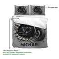 Biker duvet cover showing a black motorcycle design with a printable front and soft gray artwork
