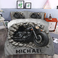 Biker duvet cover bedding set styled in a bedroom with bold motorcycle and cracked concrete artwork