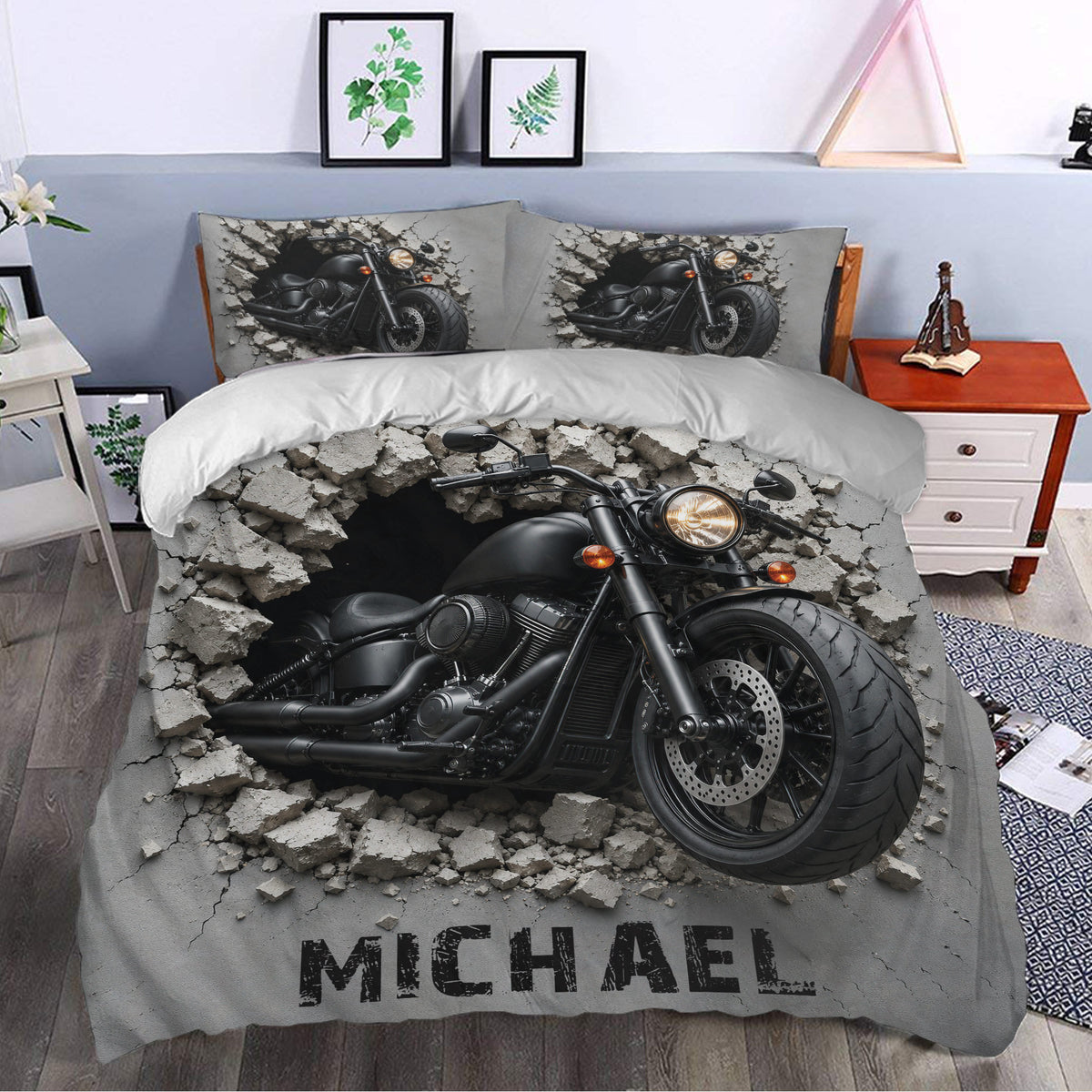 Biker duvet cover bedding set styled in a bedroom with bold motorcycle and cracked concrete artwork