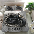 Motorcycle biker bedding set presented in a bright bedroom with matching pillows and dramatic gray artwork