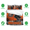 Motocross bedding set displayed with matching pillowcases and soft breathable fabric feature icons