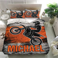 Motocross bedding set displayed in a bright bedroom with matching pillowcases and dynamic dirt bike graphics