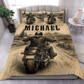 Biker duvet cover set displayed on a bed with vintage motorcycle and mountain road artwork