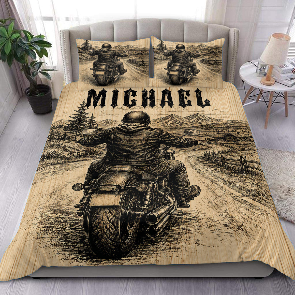 Biker duvet cover set displayed on a bed with vintage motorcycle and mountain road artwork