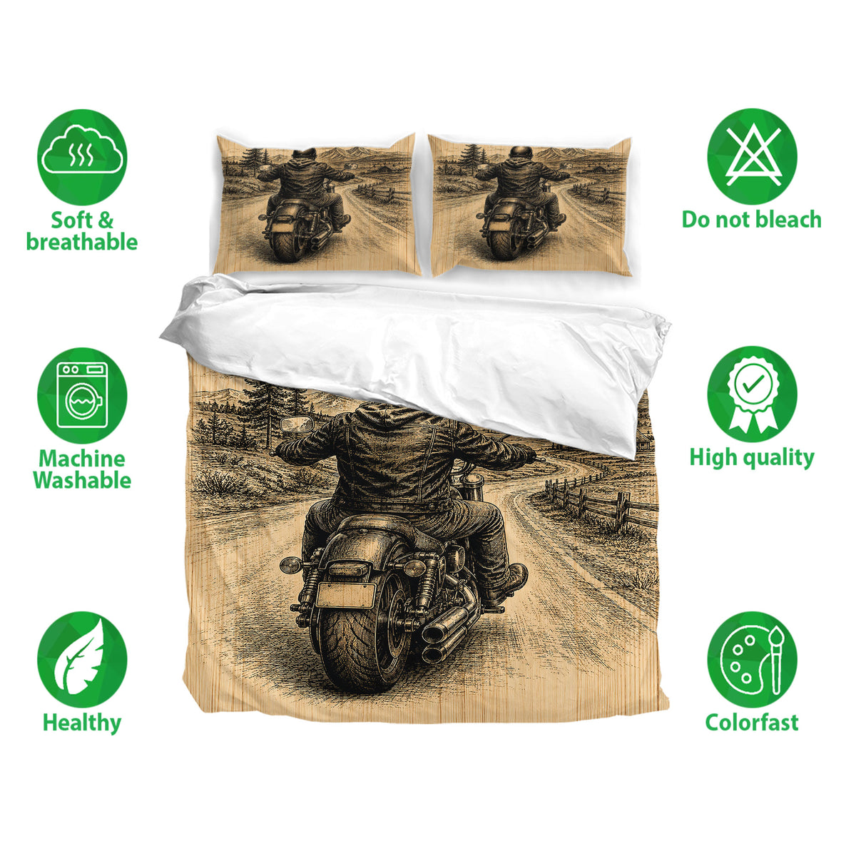 Biker bedding set with motorcycle road artwork, matching pillowcases, and product feature icons