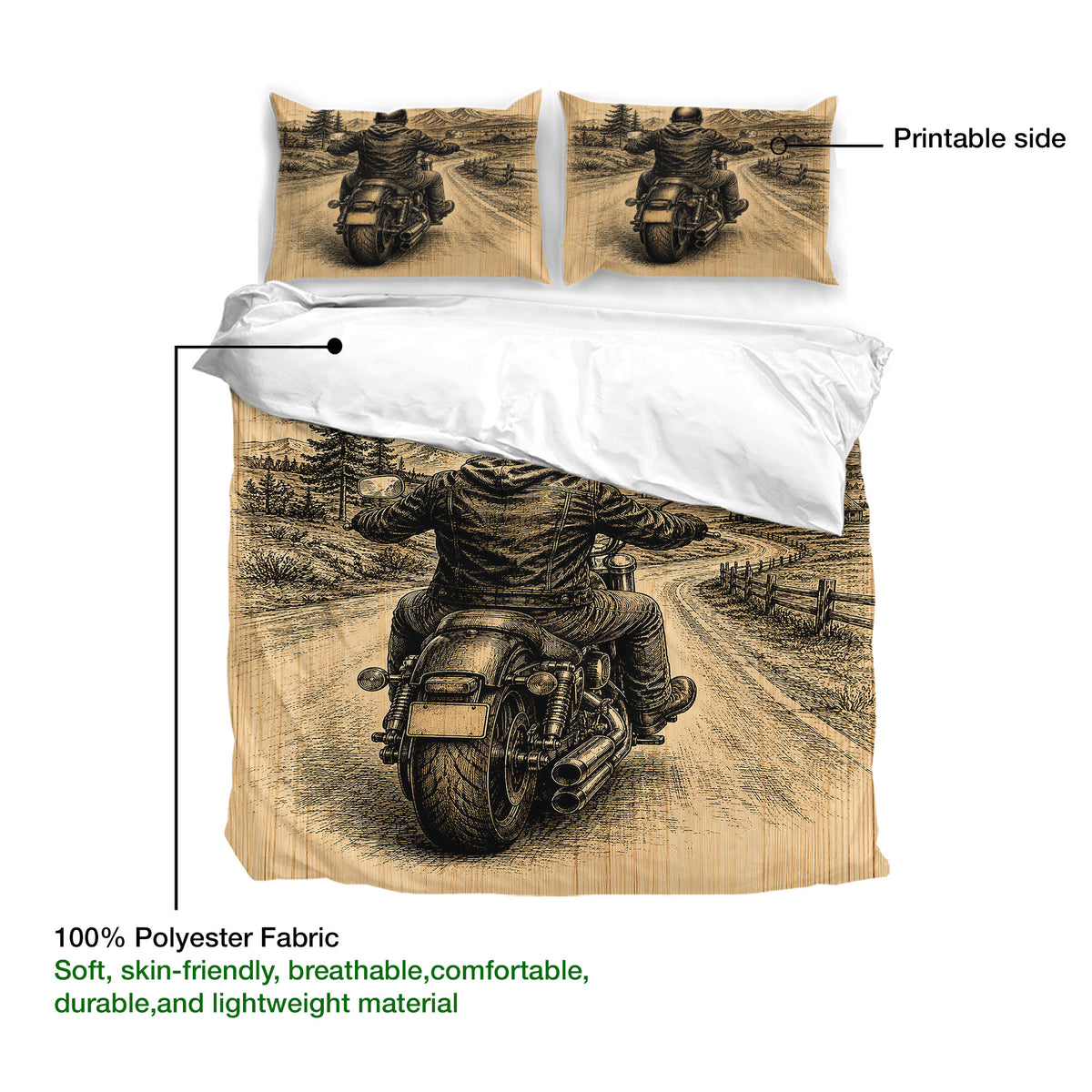 Biker duvet cover set detail showing printable artwork and soft polyester fabric